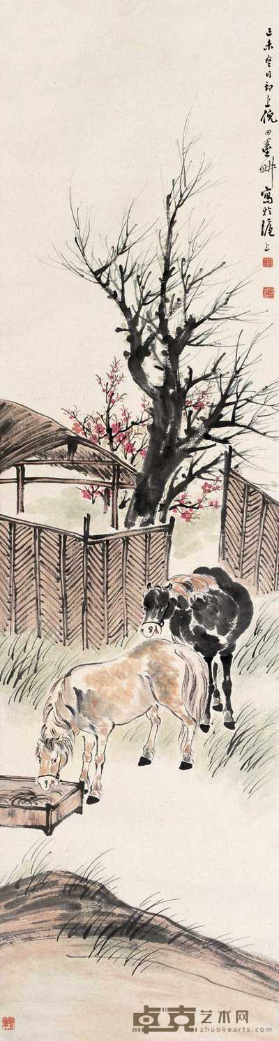 倪墨耕 1919年作 饲马图 立轴 144.5×39cm